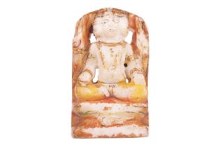 An Indian carved marble figure of the Trimurti resting on a double lotus socle, 20th-century,