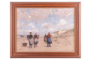 German Grobe (1857-1938), Fishermen's wives on a beach, unsigned, oil on board, 38 x 50 cm, framed