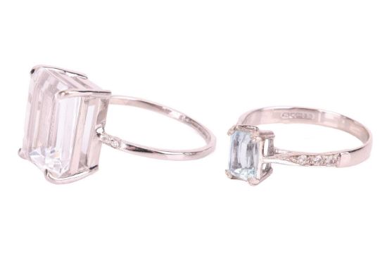 Two rings comprising an octagonal-cut Goshenite solitaire ring, set in an 18ct white gold mount, siz - Image 3 of 5