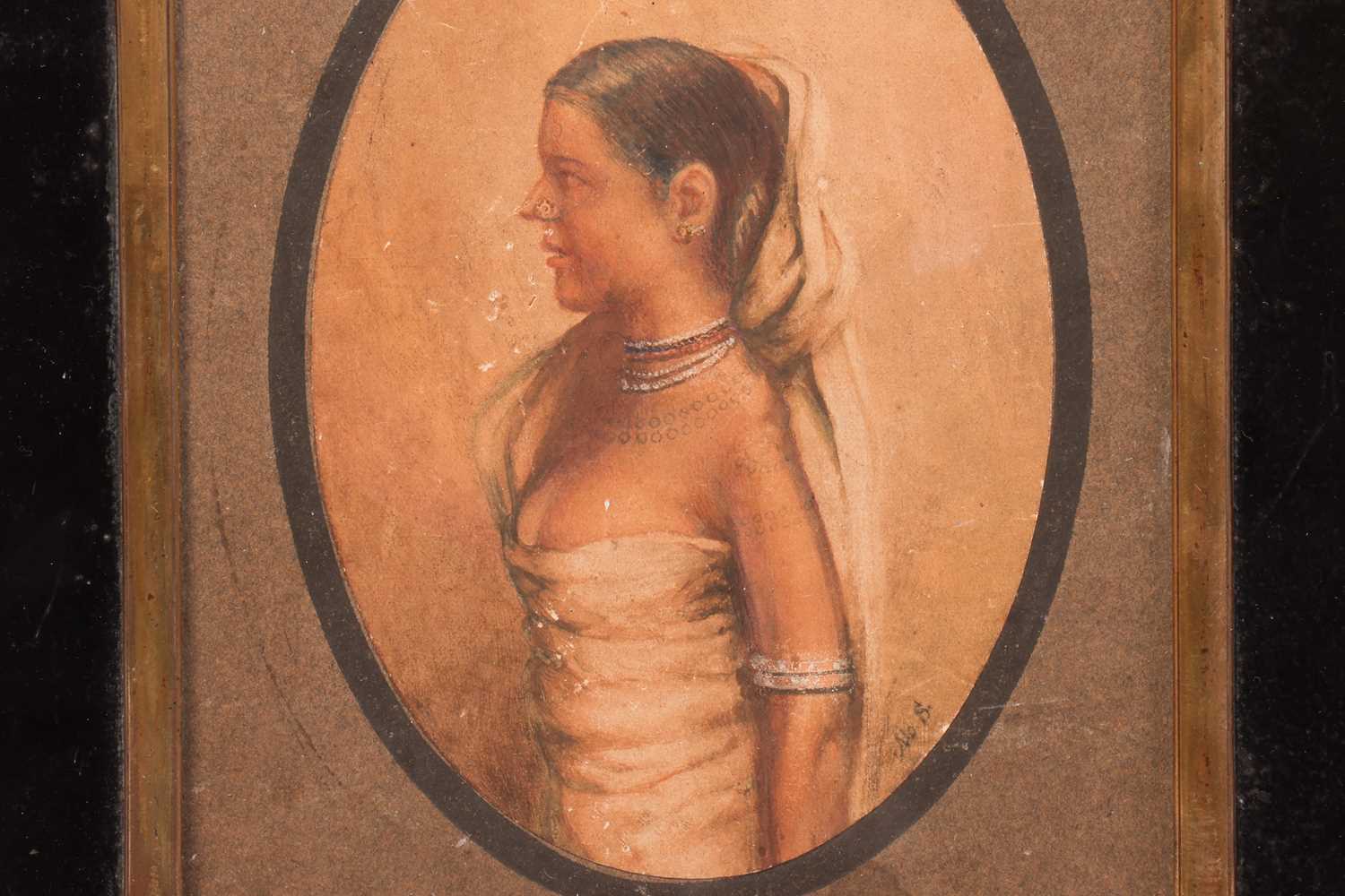 British/Company School 19th Century, An oval profile portrait of a tattooed woman in profile, wearin - Image 3 of 4