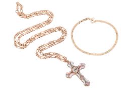 A micromosaic pendant necklace and a bracelet 1st) The 9ct yellow gold Figaro gourmette chain with l