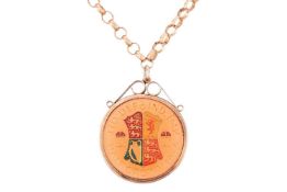 An enamel Half Crown coin pendant necklace The yellow metal long curb-link chain with springring cla