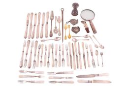 A silver meat skewer, a pair of silver decanter labels 