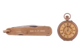 A 9ct gold pocketwatch and gold mounted penknife The 30mm circular golden dial with Roman numerals, 