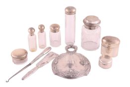 Five German cut glass dressing table jars with white metal covers marked 950, another German cylindr