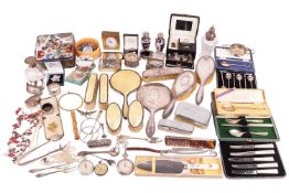 A pair of Crown Derby imari pepperettes with silver covers, a silver mustard pot with blue glass lin