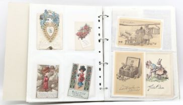 Sammlung von ca. 89 Post-, Glückwunsch- und Kullissenkarten sowie 6 Bögen Oblatenbilder.