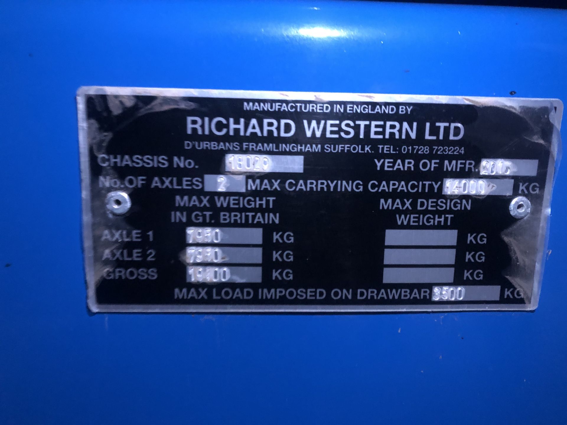 2016 Richard Western RC14LX 14 tonnes steel monocoque sprung tandem axle tipping Trailer c/w sprung - Image 4 of 5