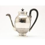 Silver Empire coffee pot, hammered with ribbed edge, spout with lion's head and mascerons on