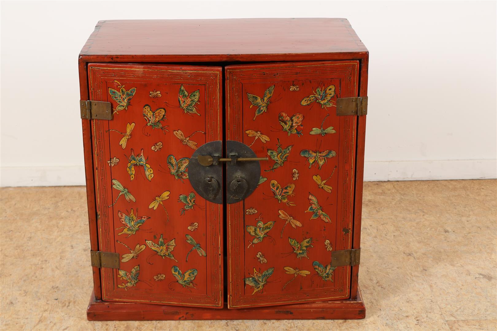 Red lacquer elm wood carrying cabinet with decor of gilded butterflies (called "Miao Jin") with 2
