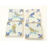 Lot of 4 16th century tiles decorated with polychrome birds, French Lily corner motif, 13 x 13 x 1.2