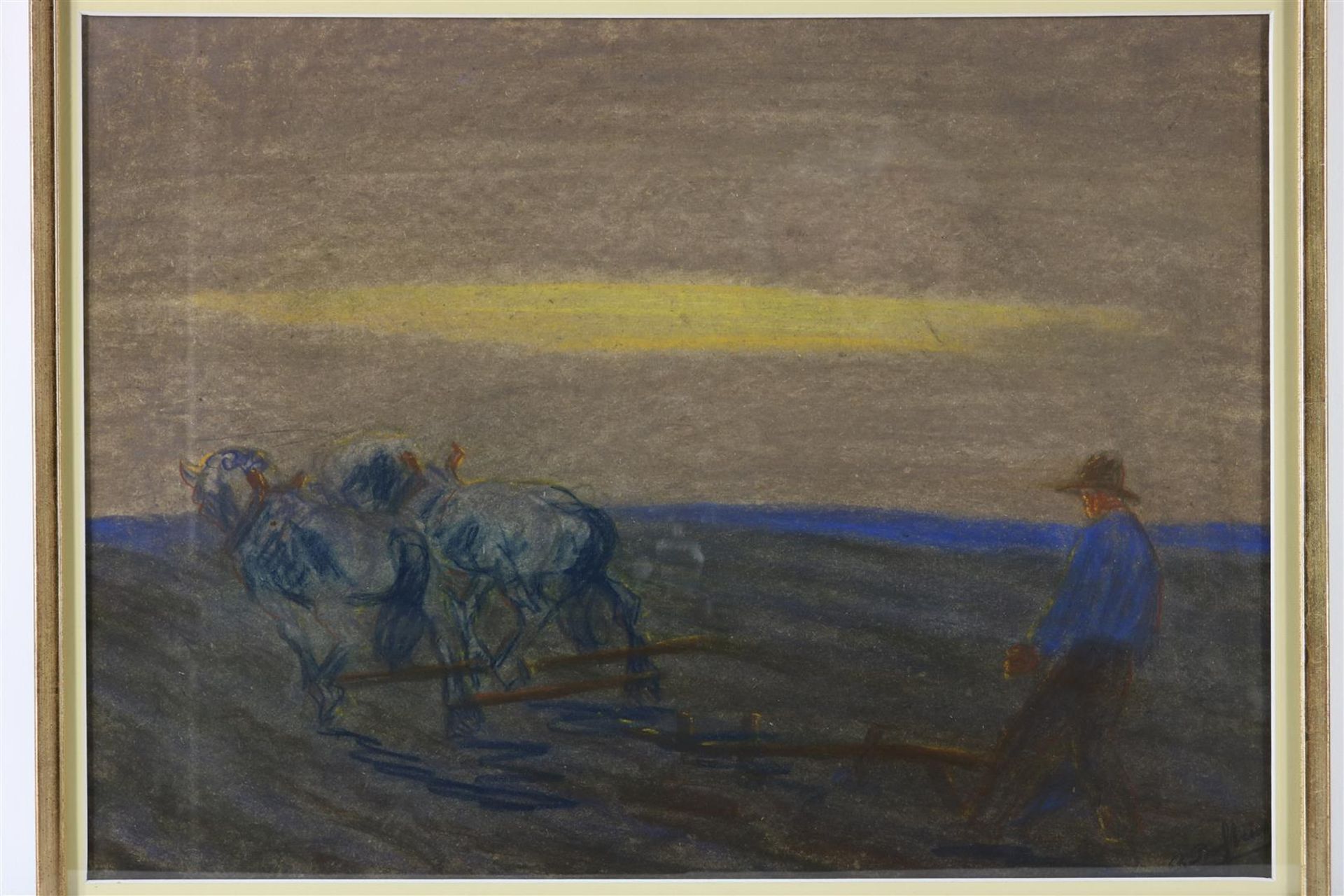 Farmer and man plowing along the cornfields, unclearly signed and dated 1922 lower right, gouache 40 - Image 3 of 8