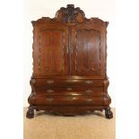 Oak Louis XV cabinet with contoured hood with carved crest, 2 panel doors on 3 curved drawers