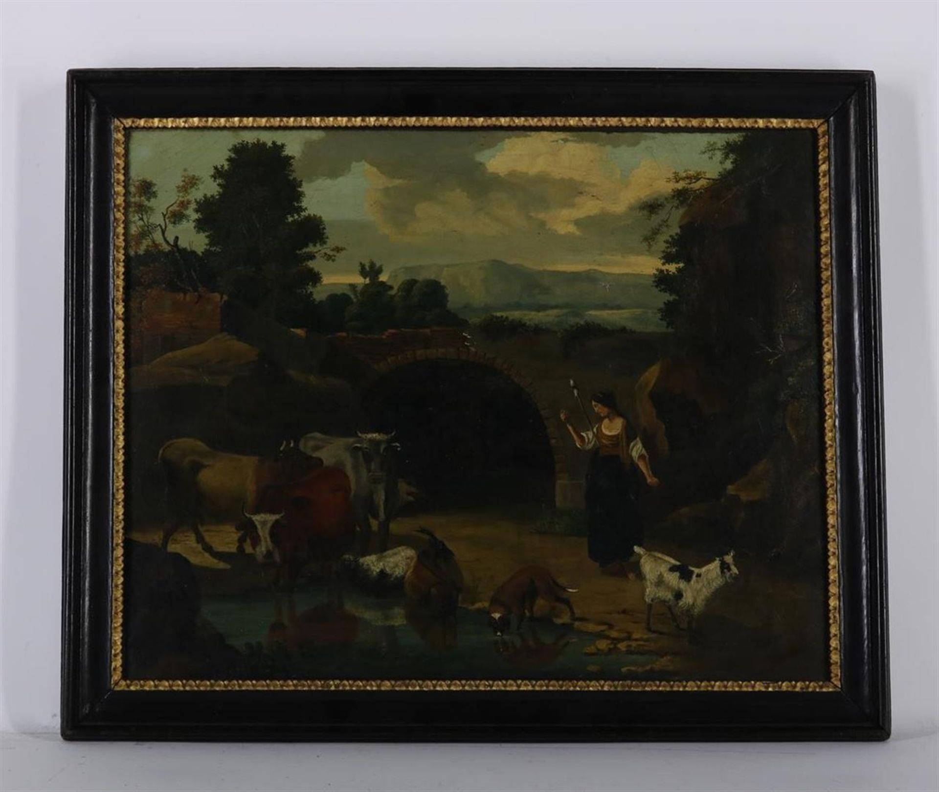 Italianizing landscape, shepherdess with cattle, unsigned, probably 18th century, oil on canvas, - Image 2 of 3