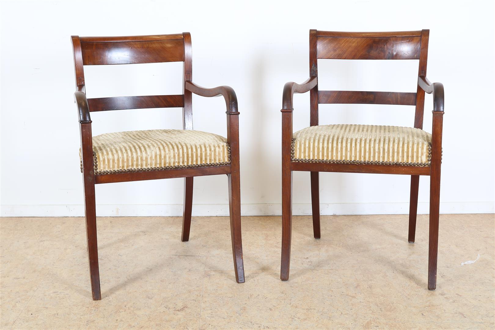 Set of mahogany Biedermeier armchairs with curved armrests and striped green velvet seat, 19th