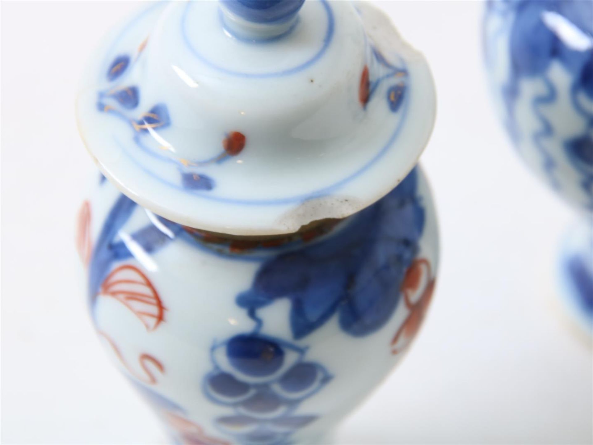 Set of porcelain miniature lidded vases with floral decor, height 10 cm. (edge restored and lids - Image 7 of 10