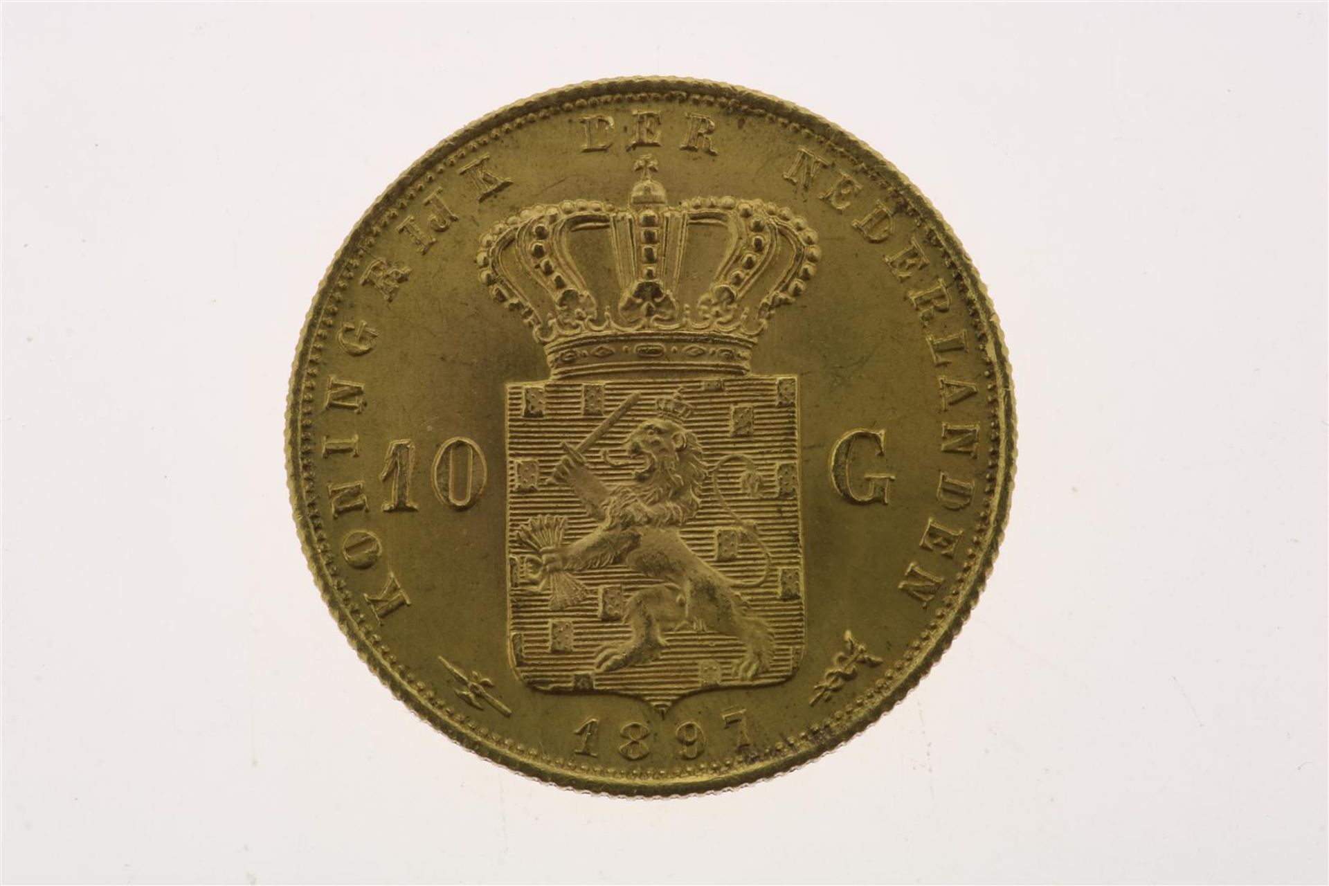 Gold tenner with image of Wilhelmina as a girl with hanging long hair, looking to the left, 1897, - Image 2 of 2