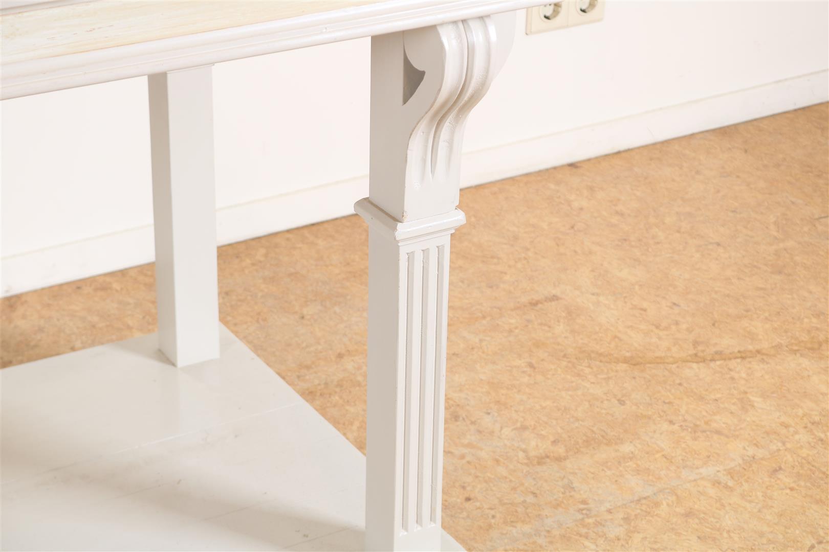 Oak white-painted side table with gray painted top on 6 block legs connected by platform, 82 x 200 x - Image 5 of 5