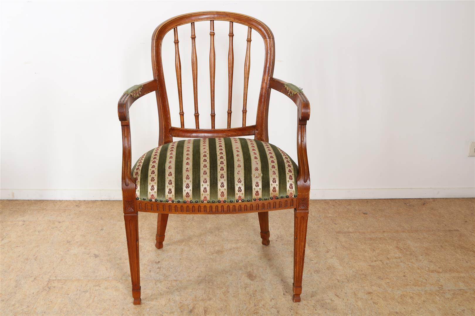 Series of 12 elm wood Louis XVI  chairs with horseshoe-shaped bars backrest and striped velvet - Image 3 of 5