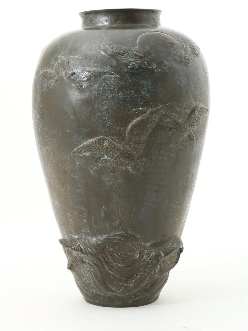 Bronze vase with relief decoration of birds above the sea, Japan, Meiji period (1868-1912), height