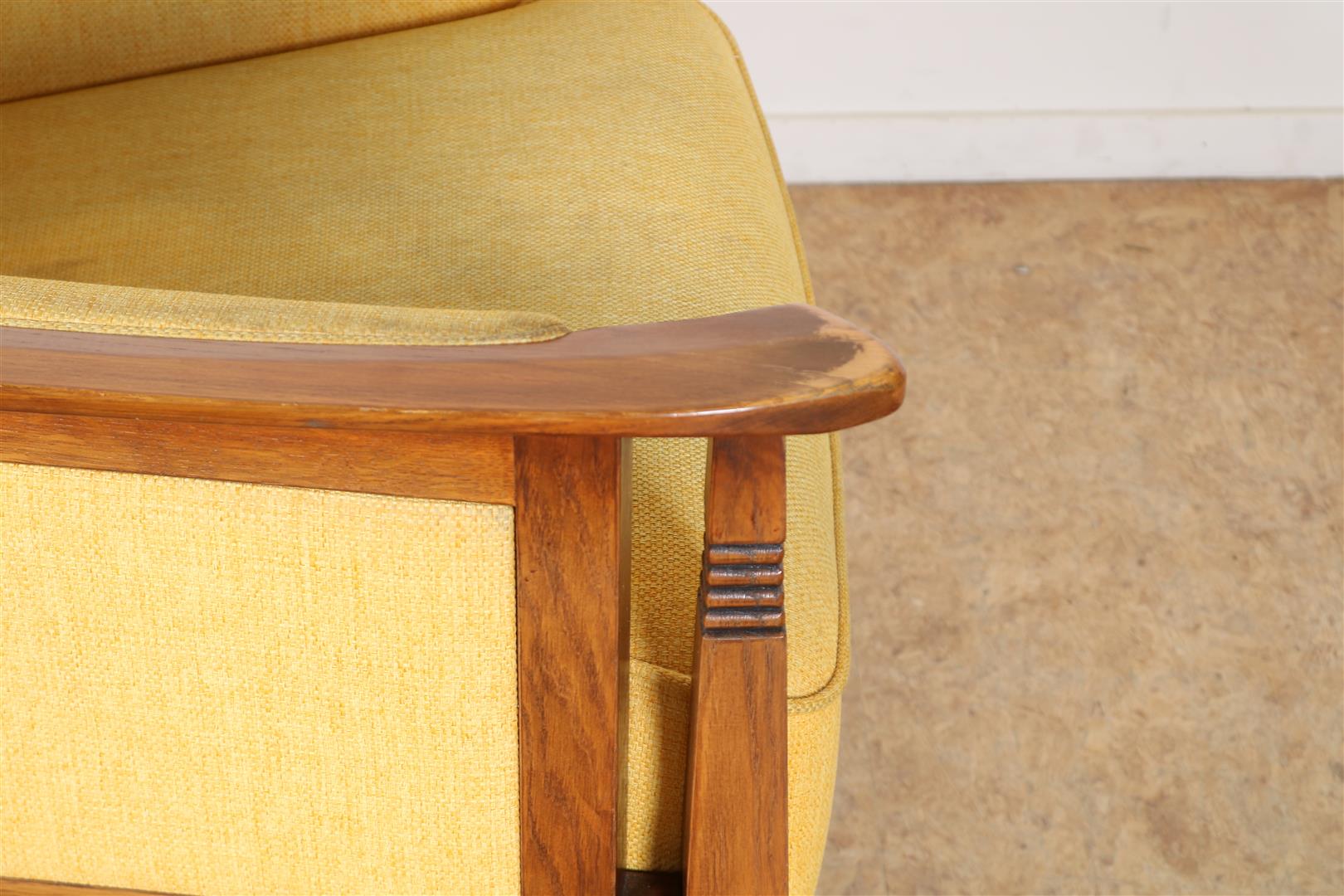 Oak Schuitema armchair with ocher yellow fabric upholstery (signs of use) - Image 5 of 5