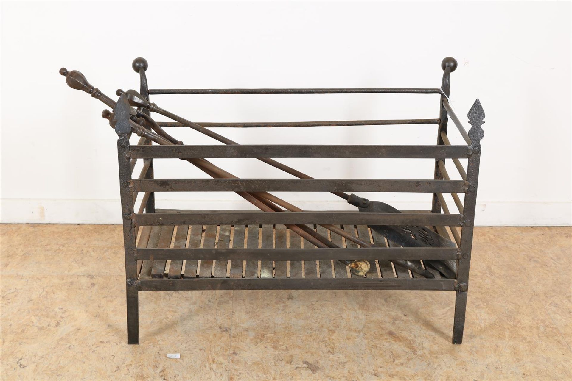 Wrought iron fireplace grate with 3 piece fireplace set, including shovel and tongs, 45 x 57 x 29