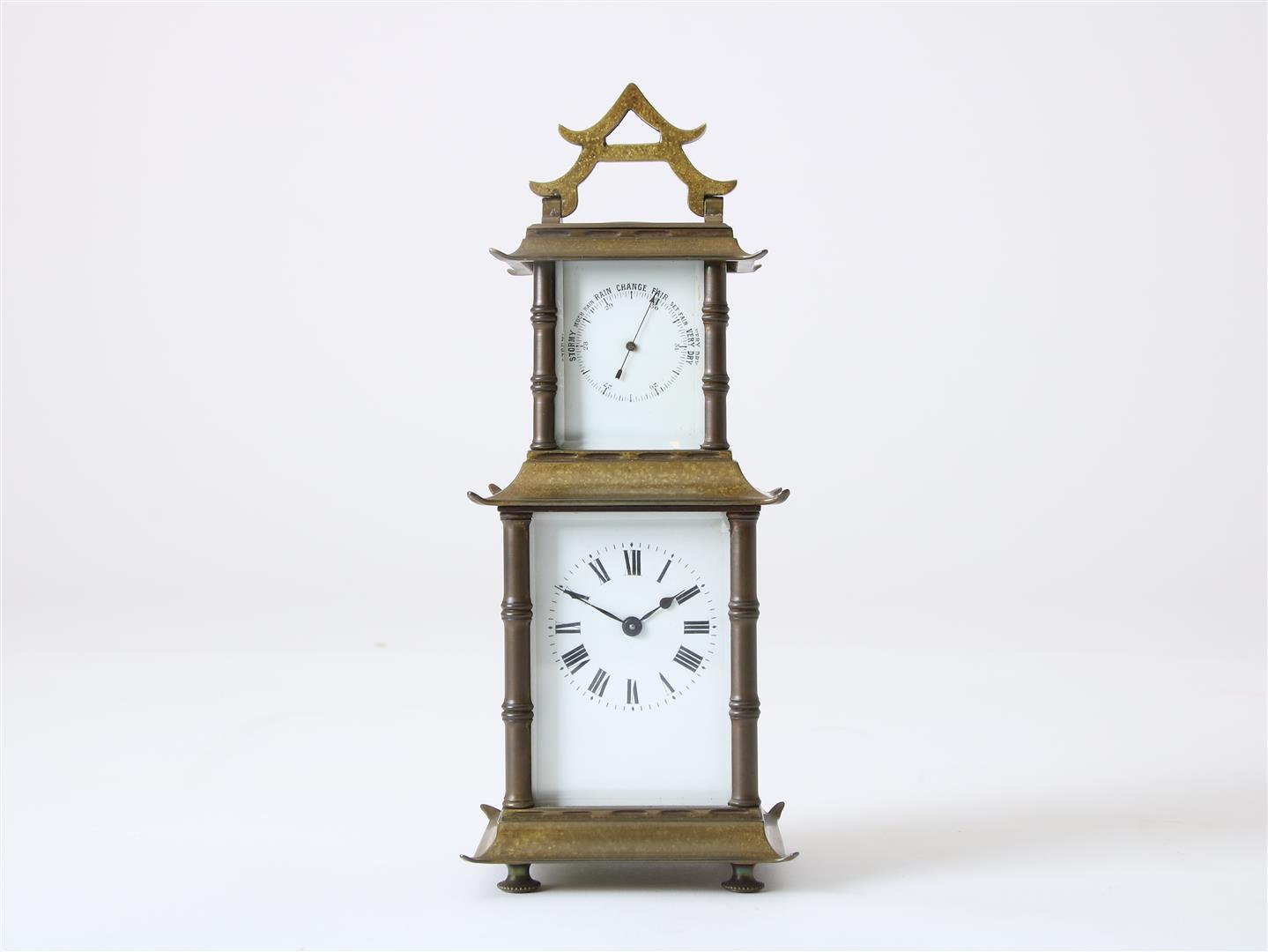 Gilt brass 'compendium' travel clock crowned with weather station, with white enamel dial with Roman