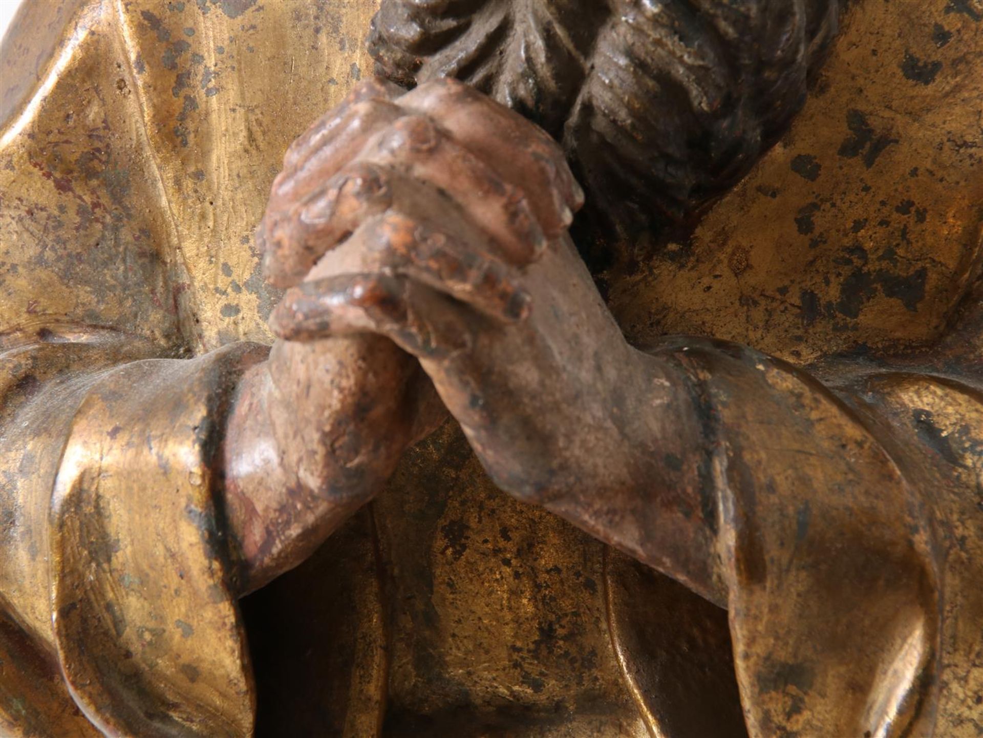 Partly gilded terracotta sculpture of kneeling Saint Francis of Paula (1416-1507) with beard and - Image 7 of 16