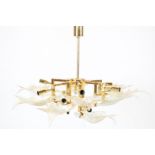 Brass hanging lamp with 12 Murano glass pieces, design Franco Luce, Italy 1990s, 60 x 130 cm. (