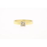 Yellow gold solitaire ring, set with brilliant cut diamond in white gold semi-open square case