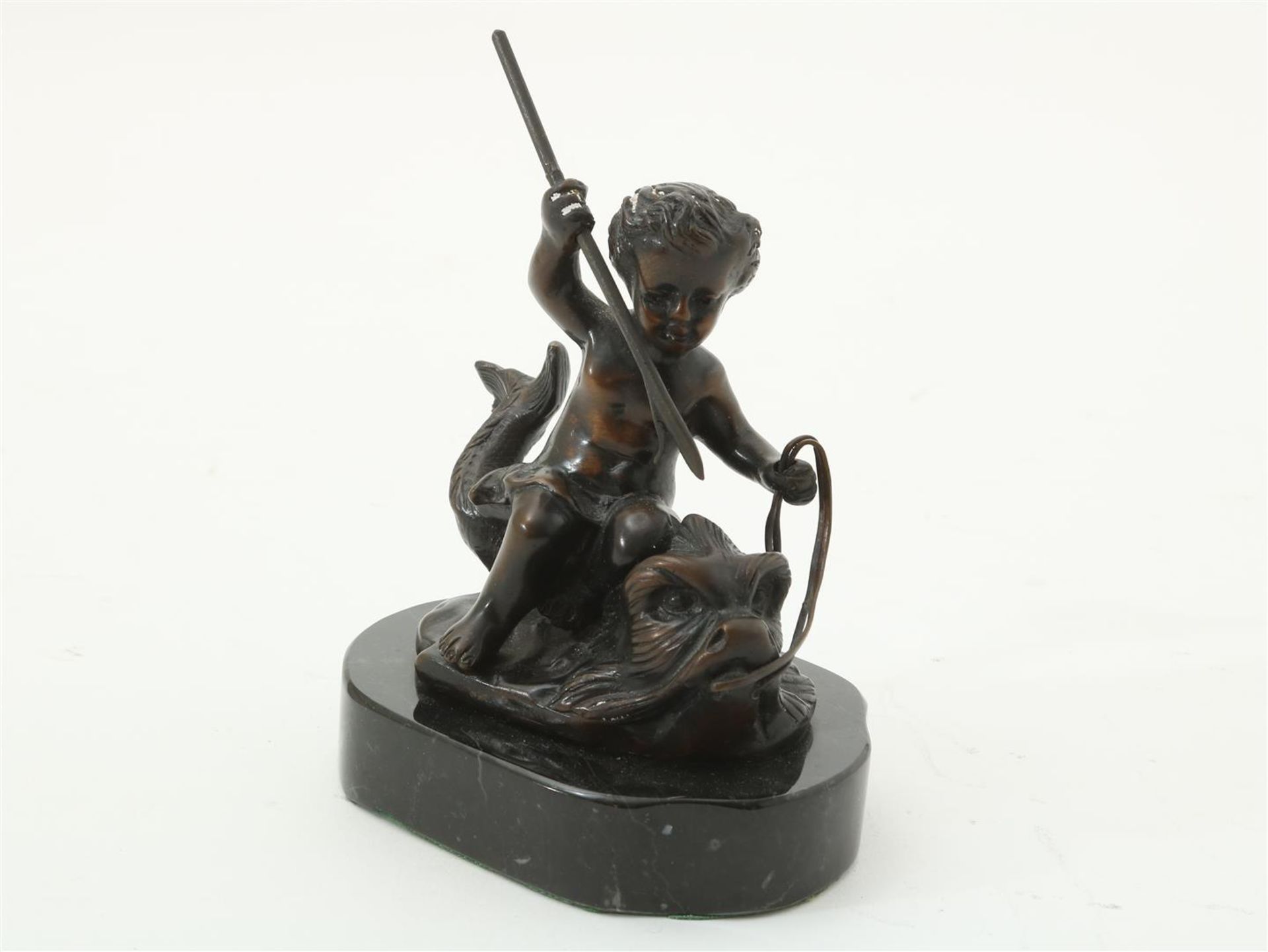 Bronze sculpture of Poseidon on sea monster and marble base, 14 x 10 x 8 cm.