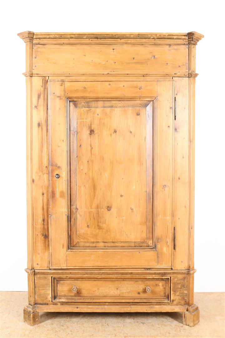 Pine linen cupboard, so-called harness cupboard with straight hood, a panel door and a plinth