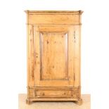 Pine linen cupboard, so-called harness cupboard with straight hood, a panel door and a plinth