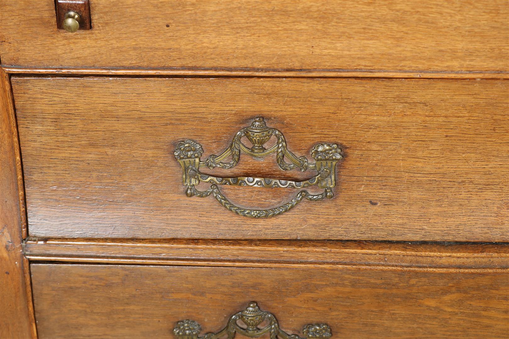 Oak Louis XVI writing cabinet, arched hood with carved ornaments, behind the flap an interior with - Image 6 of 6