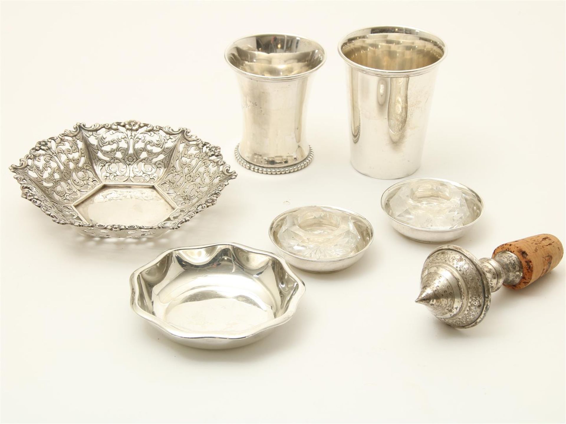 Lot of various silver, including children's cup, bottle stopper and salt cellars with crystal, gross