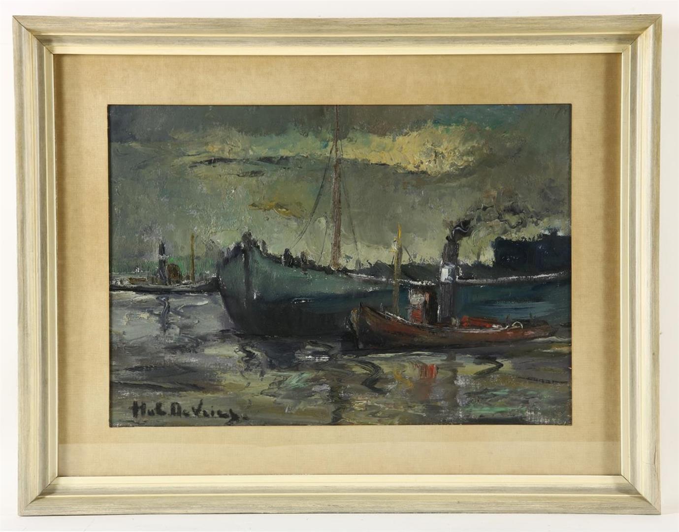 Hubert Vries De (1899-1979) Sailboat and steamboat in harbour, signed lower left, canvas 34 x 48 - Image 2 of 4