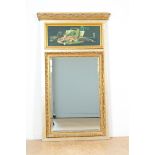 Cut chimney mirror with painted crest with musical instruments in gold lacquer decorated frame,