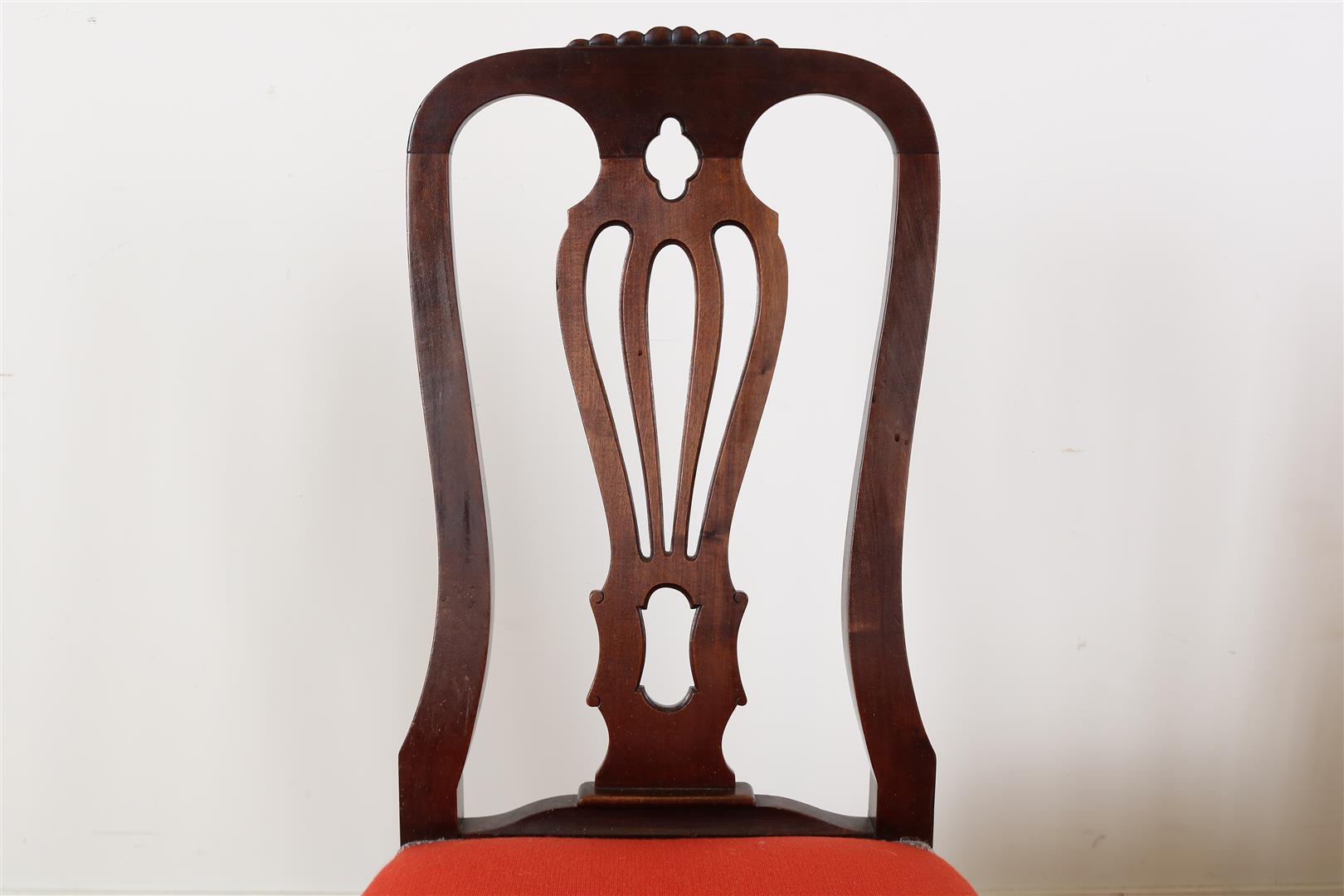 Series of 4 Chippendale-style chairs with elaborate backrest, red fabric seat on ball claw feet, - Image 2 of 4