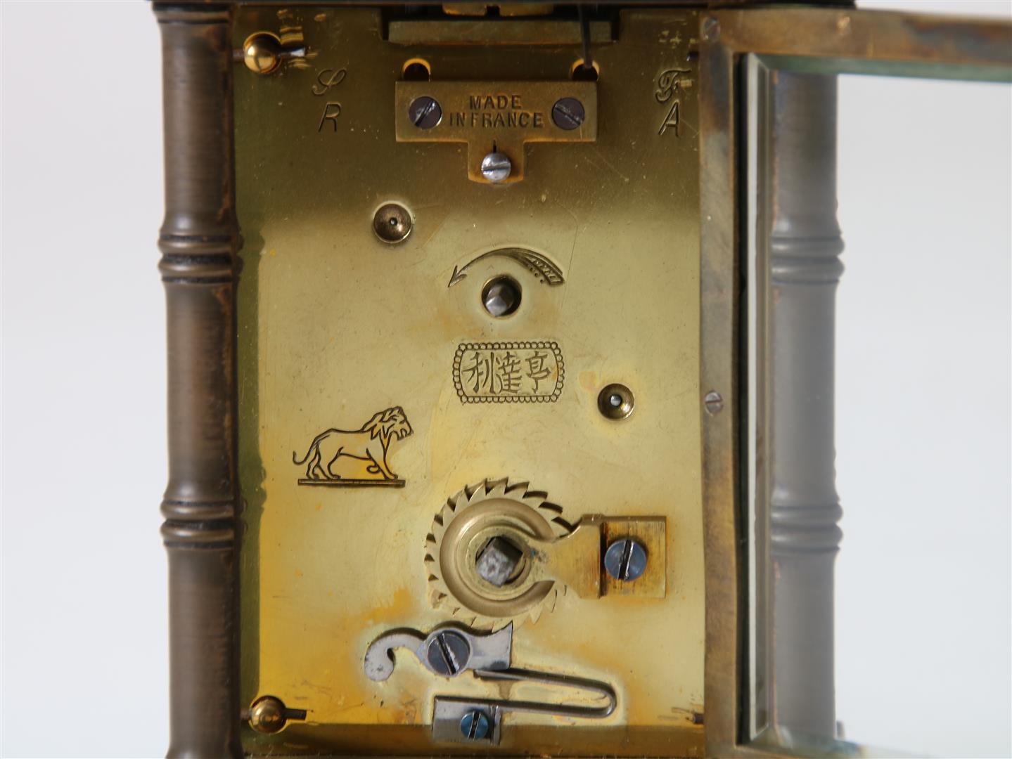 Gilt brass 'compendium' travel clock crowned with weather station, with white enamel dial with Roman - Image 5 of 7