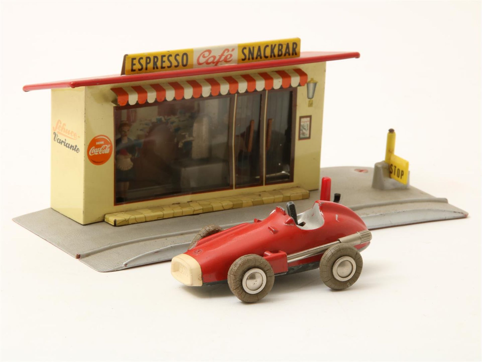 Lot of an Espresso Café Snack Bar, version: Schuco, model Varianto No. 3068, Germany, 1950s (parking