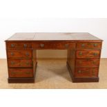 Mahogany partner desk with brown leather inlaid top and 6 plinth drawers on drawer units with 6
