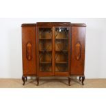 Mahogany Edwardian china cabinet with 2 glass and 2 panel doors with inlay of flowers in vase on