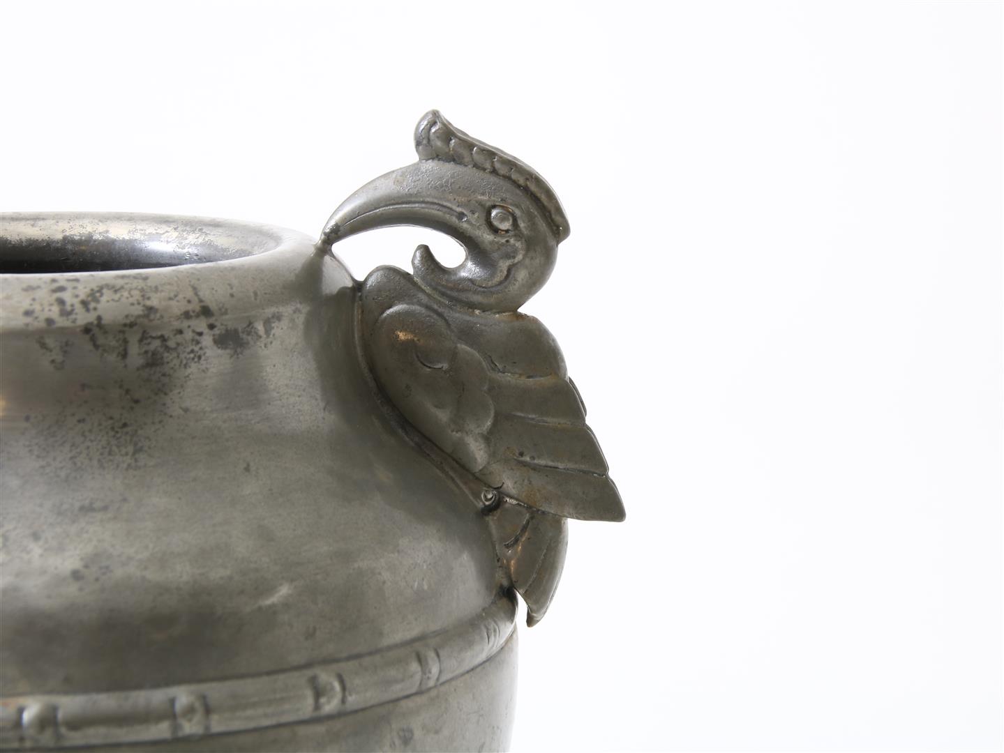 Lot of an Art Deco pewter vase on an openwork base, ashtray, candlestick and vase with Cockatoos, - Image 4 of 6