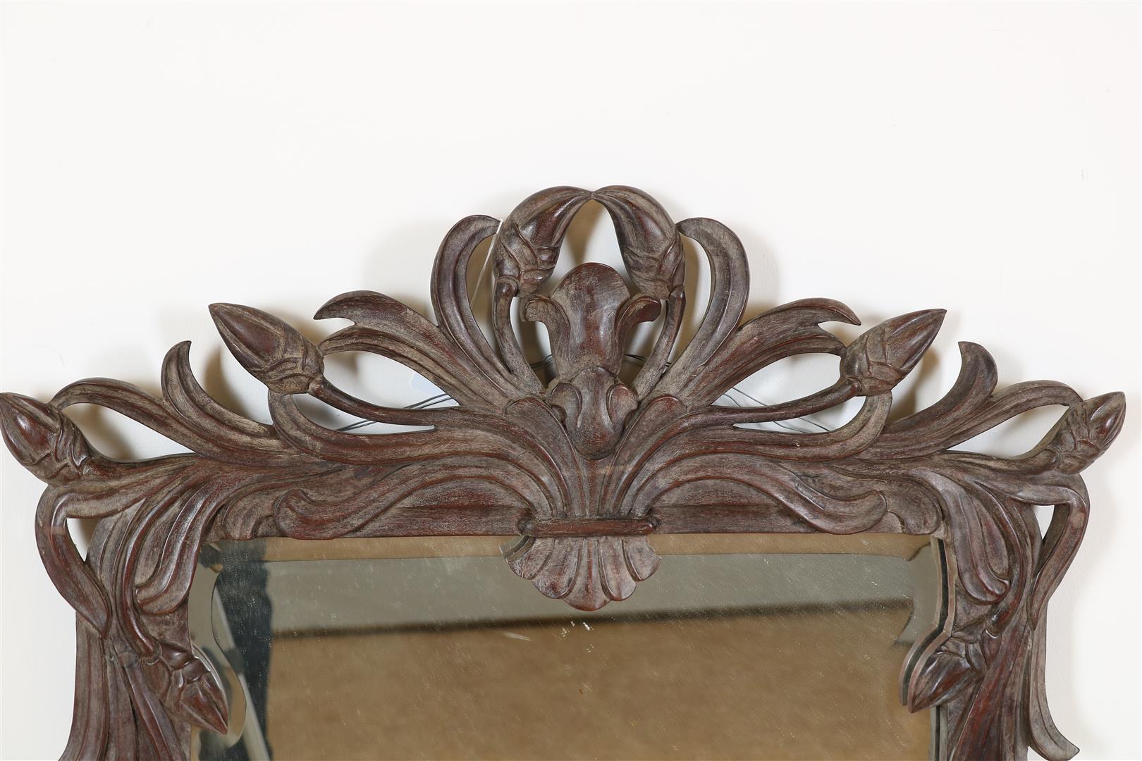 Wooden Art Nouveau mirror decorated with leaf ornaments and cut mirror, marked on the back with - Image 2 of 4