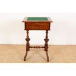 Mahogany sewing table with interior of 6 lids with inlaid star motifs and plinth drawer, on 2 turned