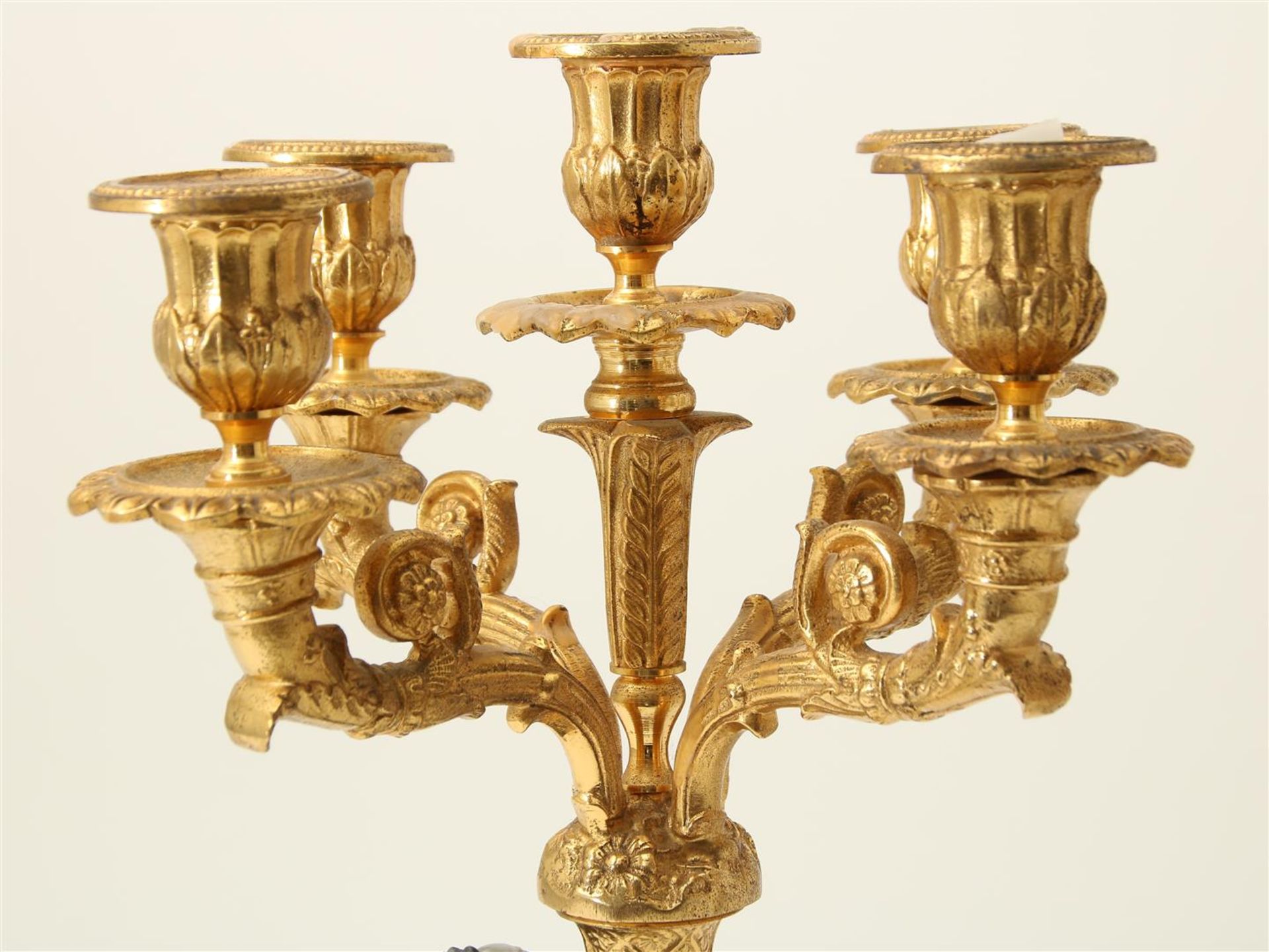 Set of bronze Empire style 5 light candlesticks carried by man and woman, France 20th century, - Image 2 of 6