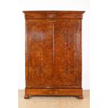 Mahogany linen cupboard with 2 burl walnut veneered panel doors and plinth drawer, 19th century, 215