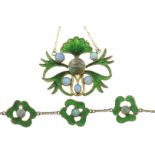 Demiparure with Art Nouveau boat necklace with leaves inlaid with green enamel and opals, and 2-