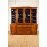 Mahogany Edwardian Breakfront bookcase with 4 window glass doors, 2 panel doors and 3 drawers,