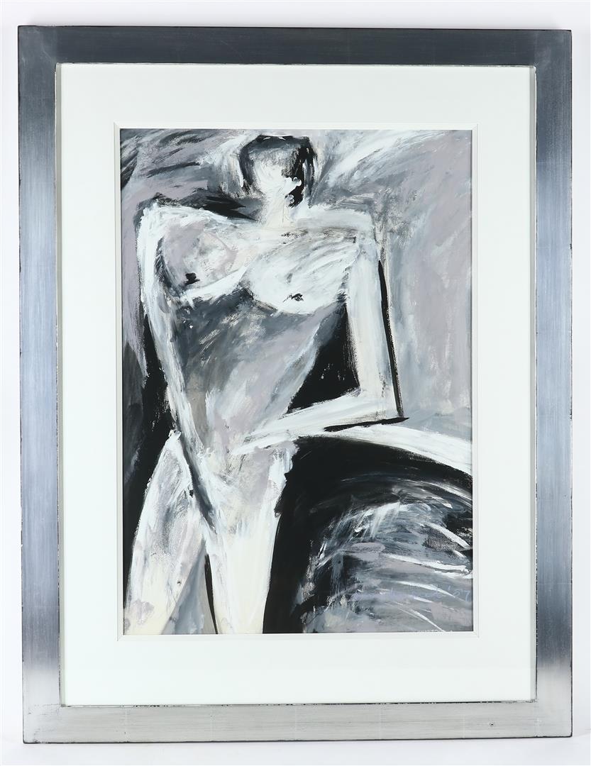 Nude portrait in black and white, signed bottom right Mieke Snel and dated '87, acrylic on paper, 95 - Image 3 of 5